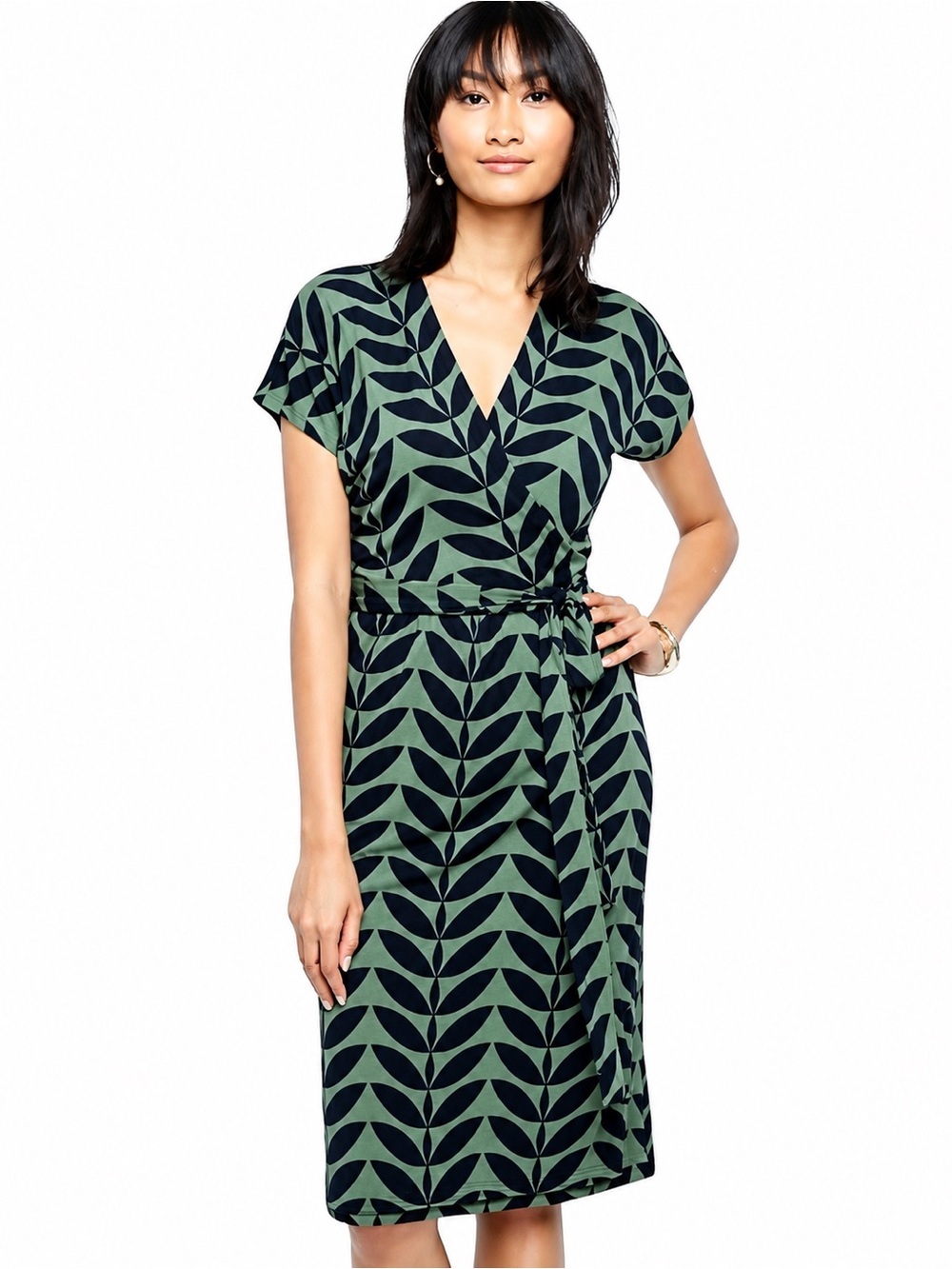 Ann Taylor Green & Navy Leaf Print Faux Wrap Midi Dress Size 10 Stretch Belted